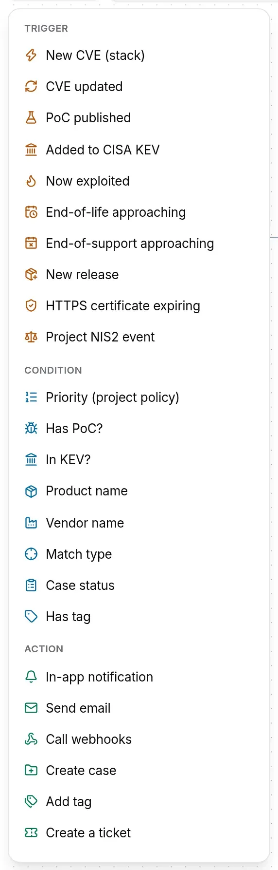 Palette of a CVE workflow: available triggers, conditions and actions