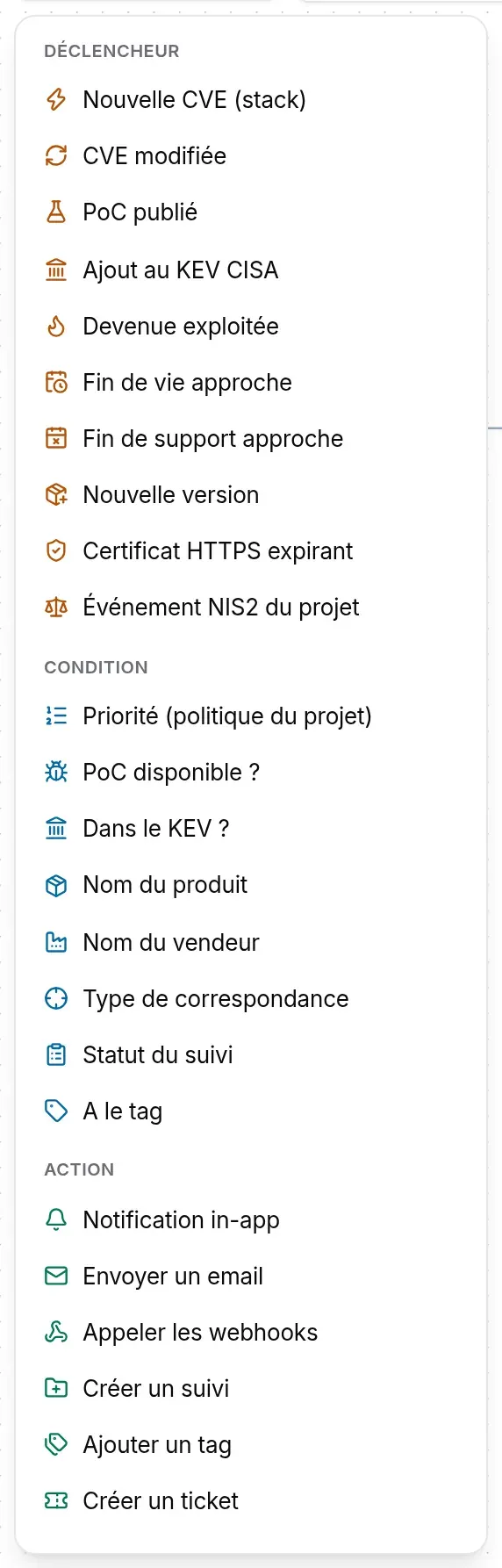 Palette d’un workflow CVE : déclencheurs, conditions et actions disponibles