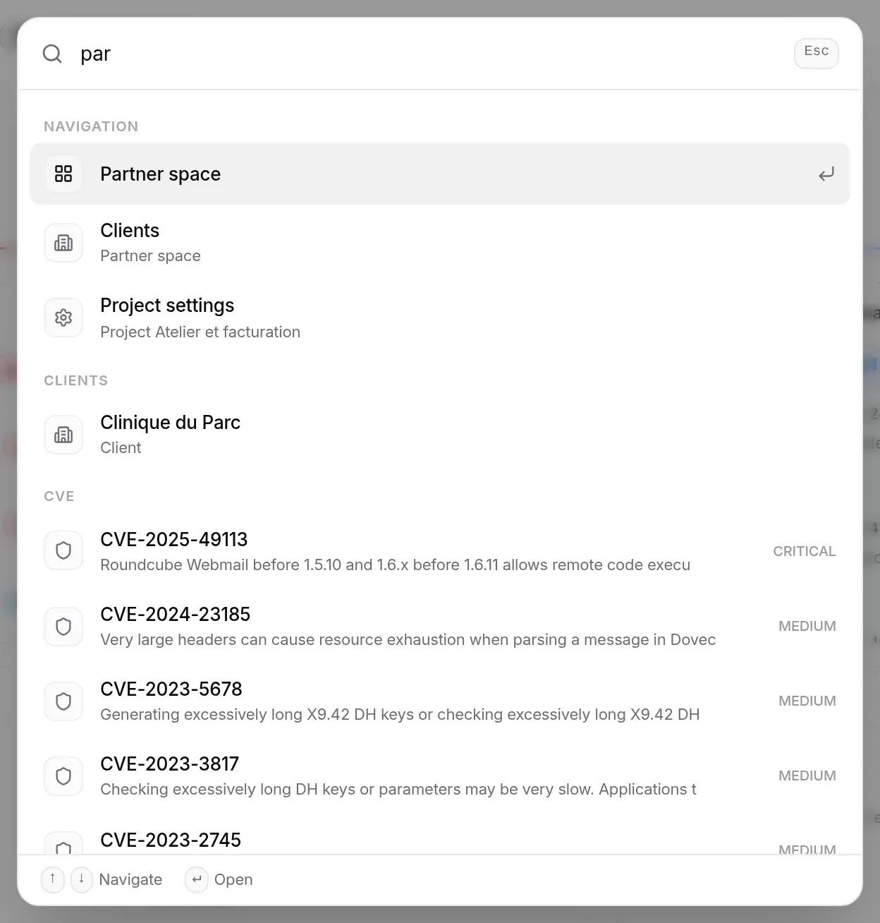 ⌘K palette: typing “par” offers, among others, Partner space, Clients and the client Clinique du Parc, then CVEs