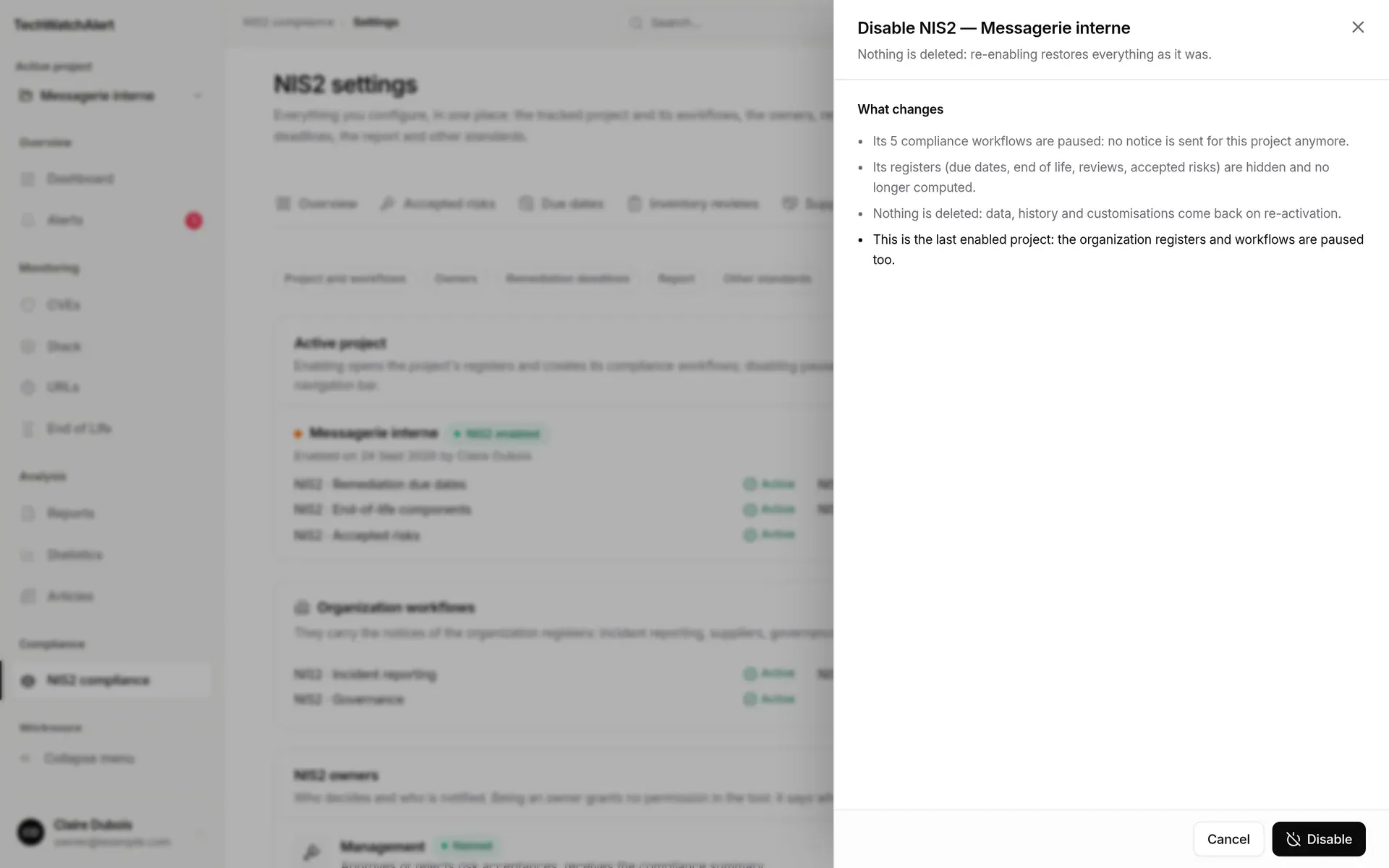 “Disable NIS2 — Messagerie interne” panel: what is paused and what is kept