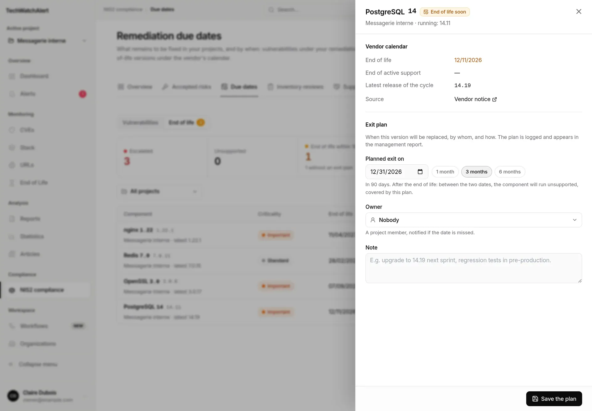 Exit panel for PostgreSQL 14, “3 months” shortcut chosen