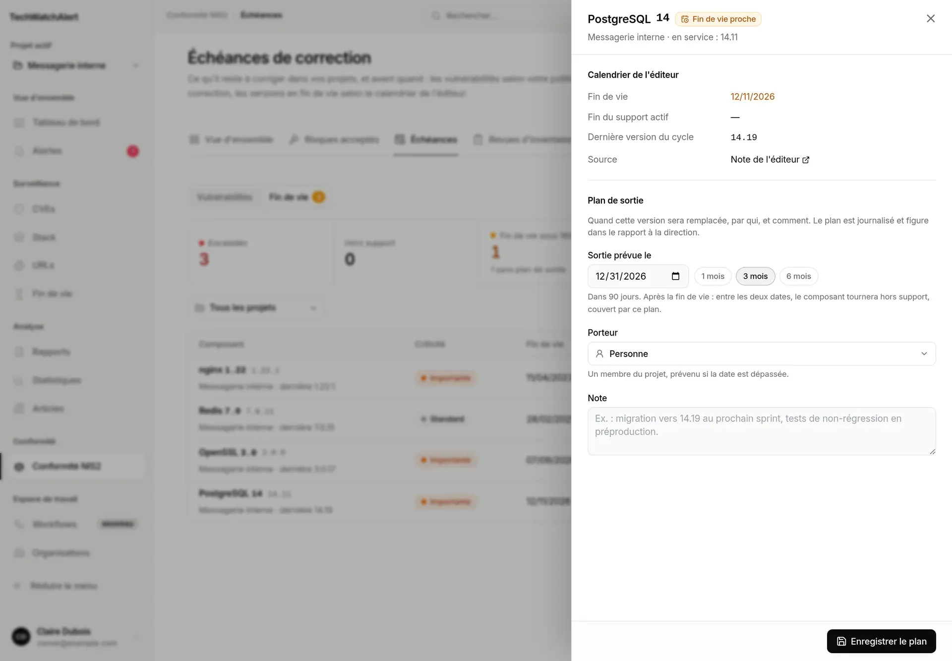 Panneau de sortie de PostgreSQL 14, raccourci « 3 mois » choisi