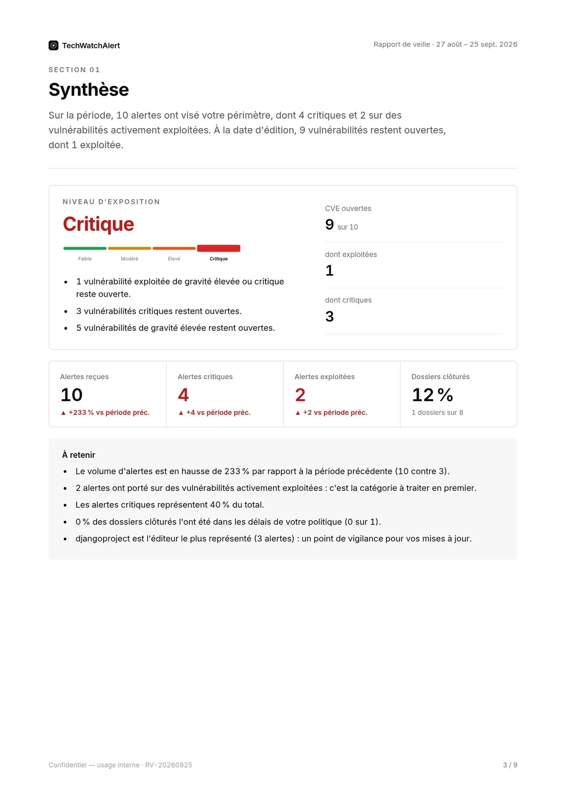Page de synthèse du PDF : niveau d’exposition et indicateurs
