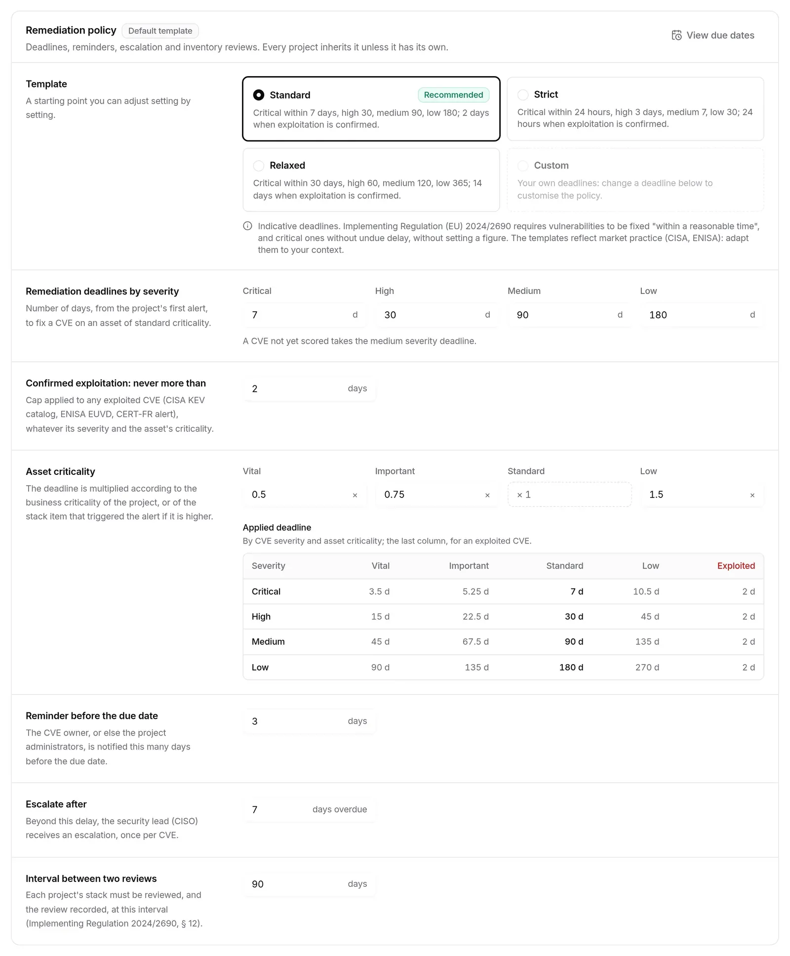 Remediation policy: templates, deadlines by severity, exploitation cap, asset criticality and applied deadline, reminder, escalation, review interval
