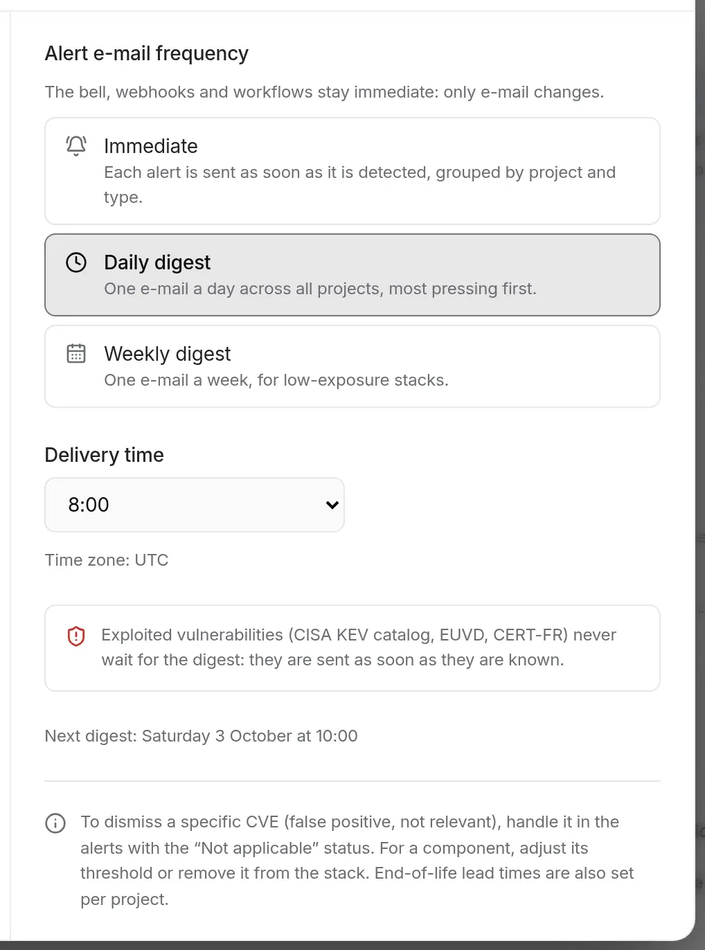 Notifications tab in detail: next digest and pointer to the project settings