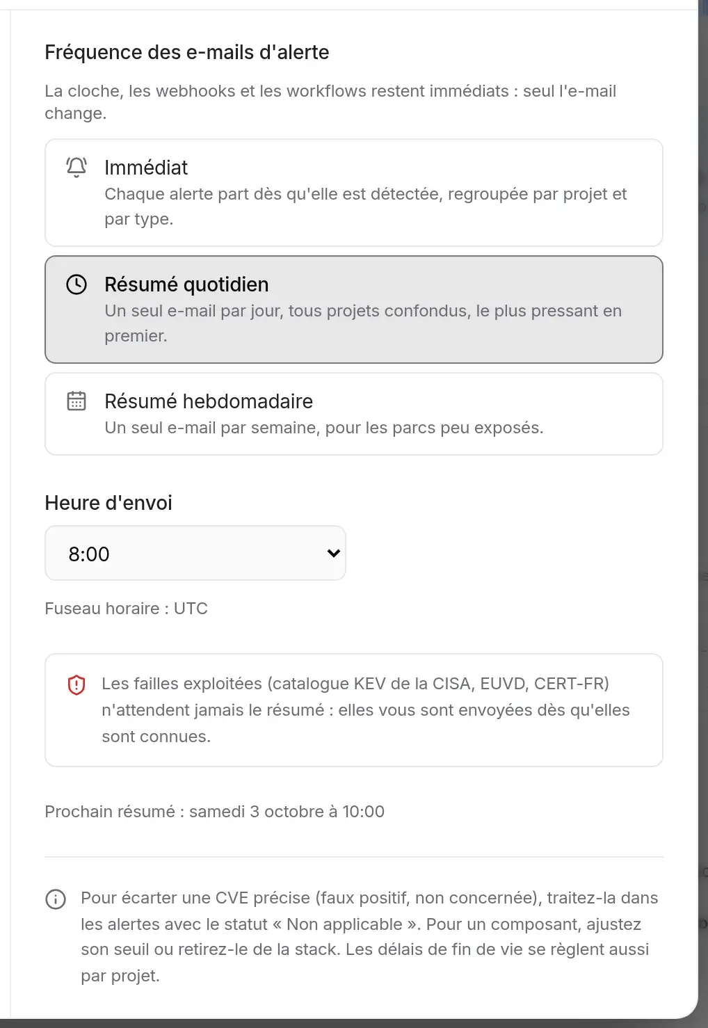 Détail de l’onglet Notifications : prochain résumé et renvoi vers les réglages du projet