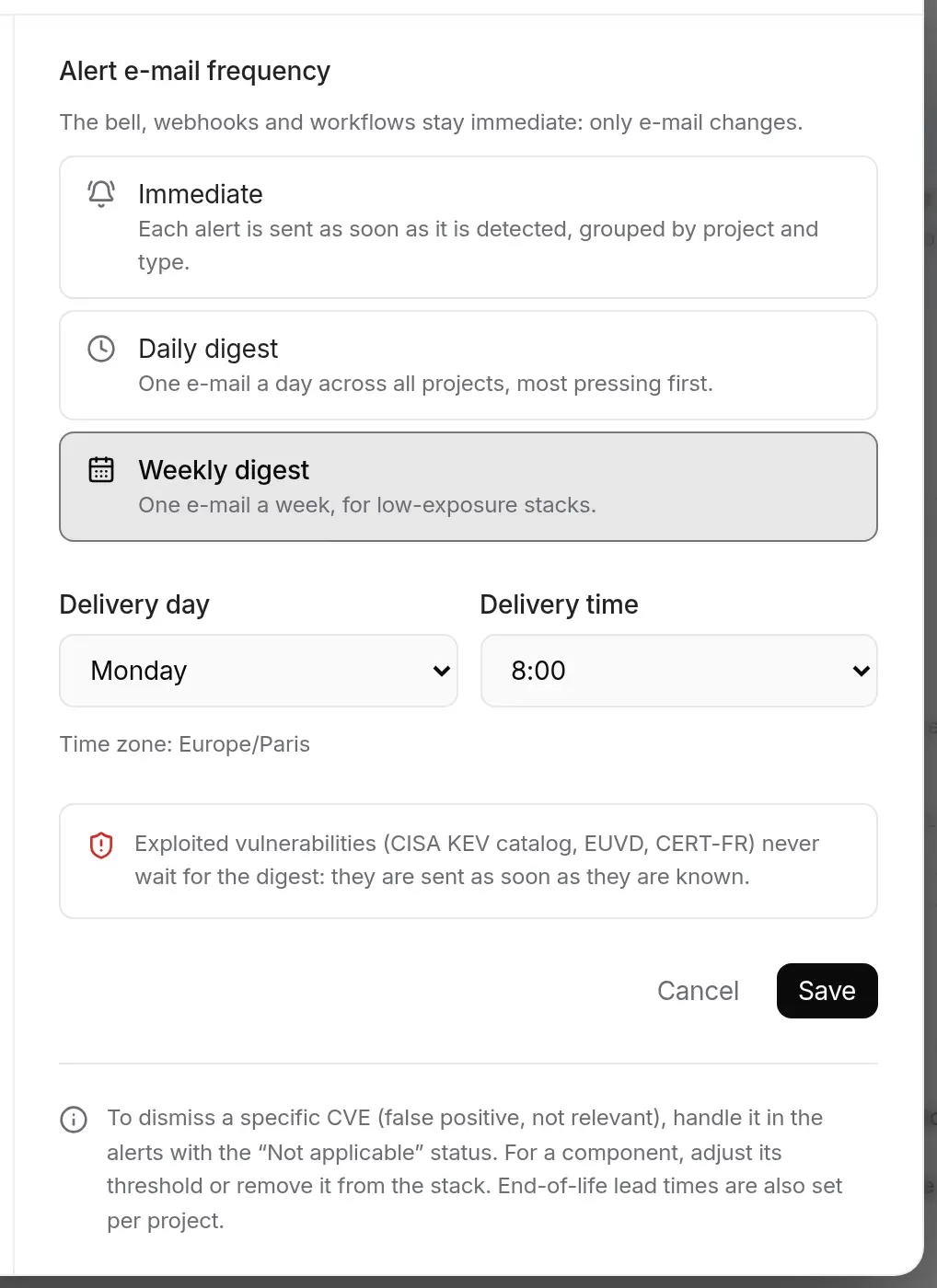 Draft: switching to the weekly digest, delivery day and time, time zone