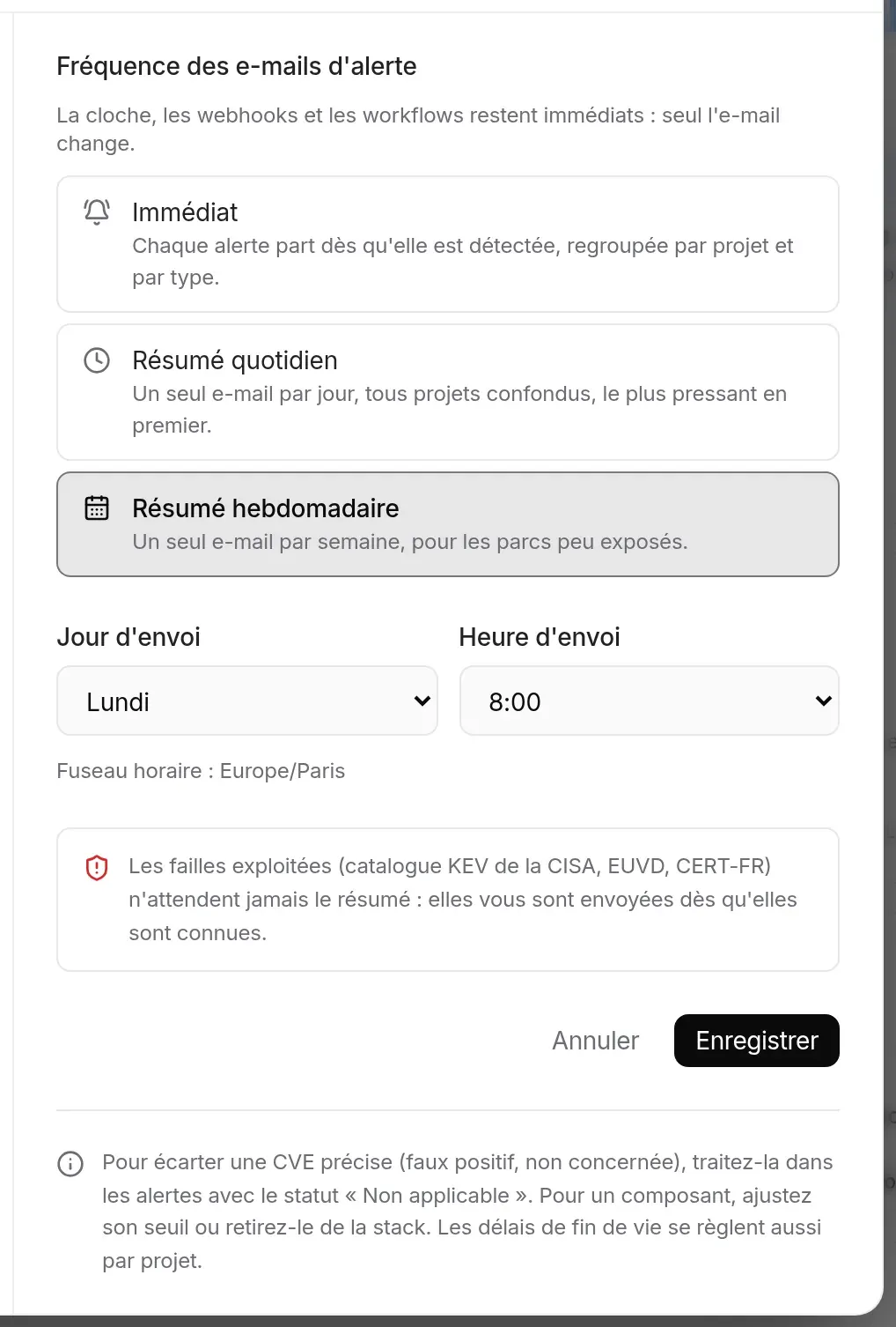 Brouillon : passage au résumé hebdomadaire, jour et heure d’envoi, fuseau horaire