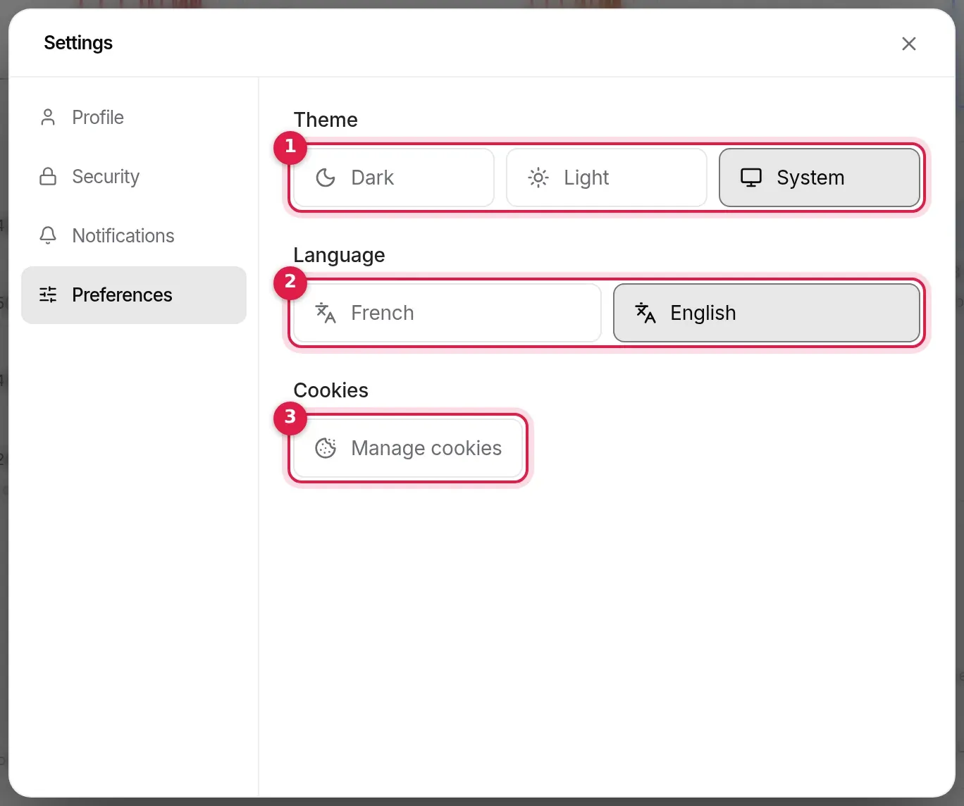 Preferences tab: Dark, Light or System theme, French or English language, cookie management
