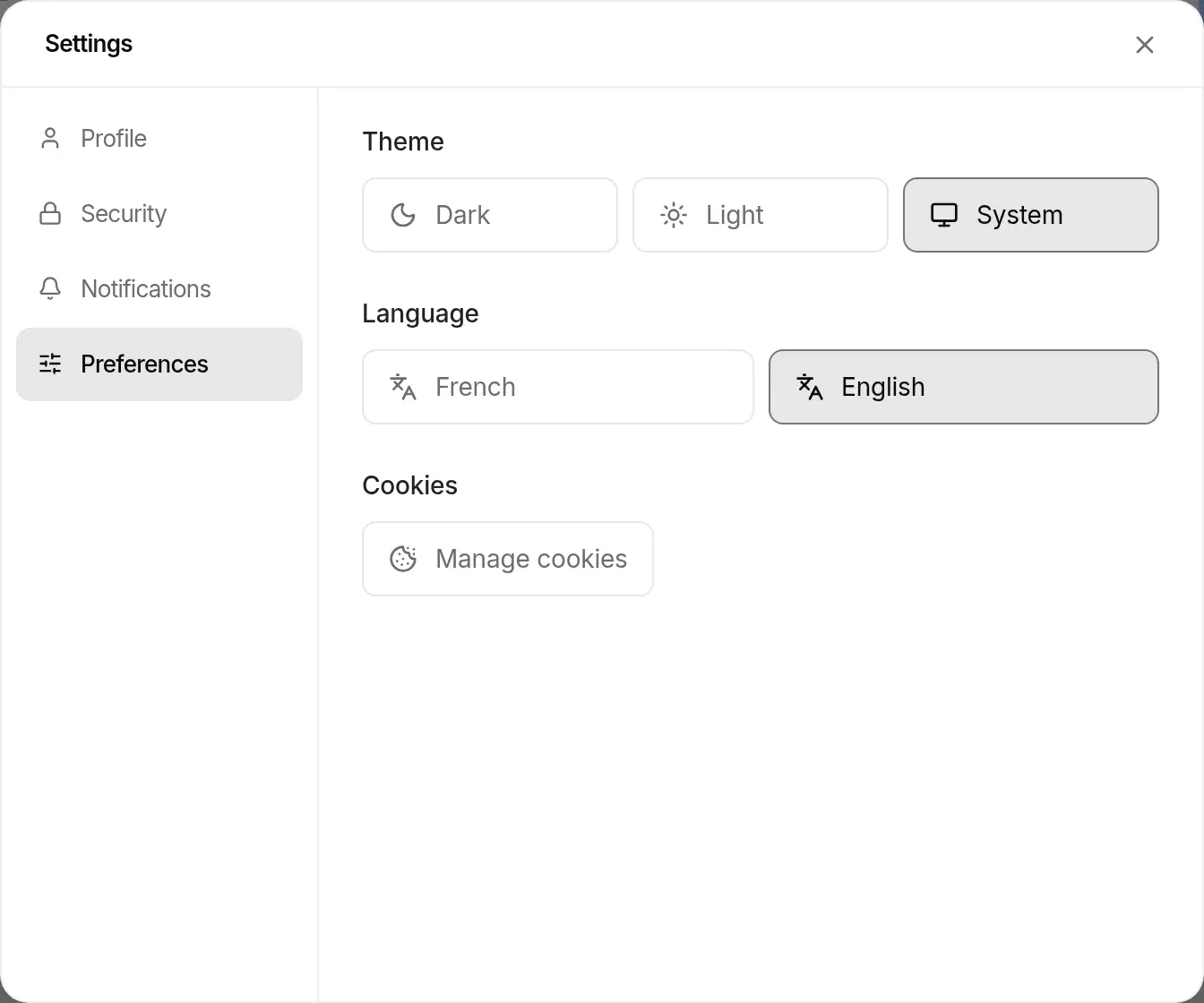 Settings › Preferences: theme, language and cookies