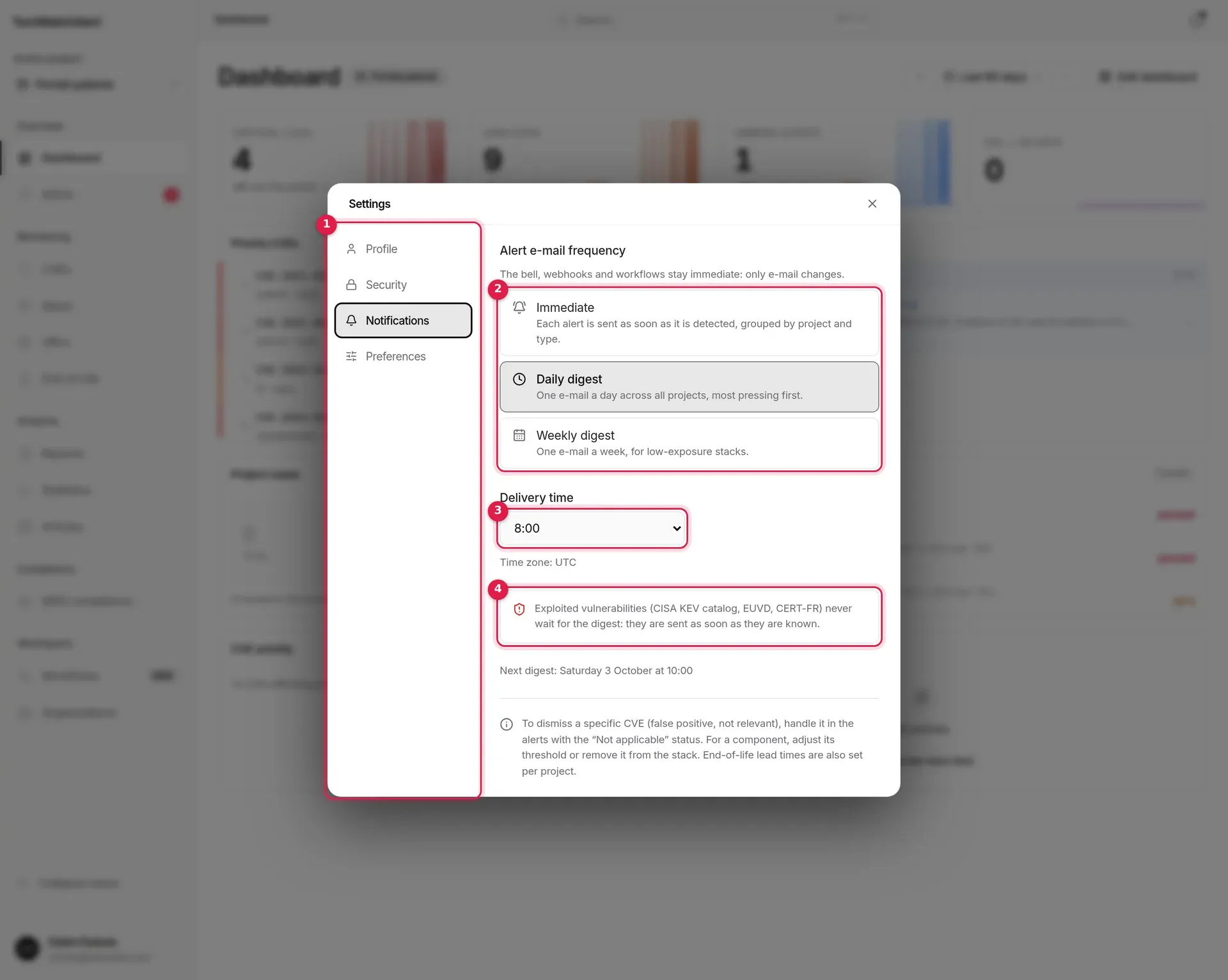 Settings, Notifications tab: alert e-mail frequency