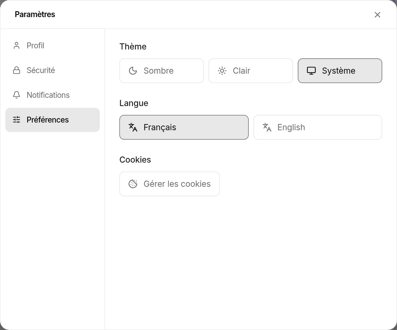 Paramètres › Préférences : thème, langue et cookies
