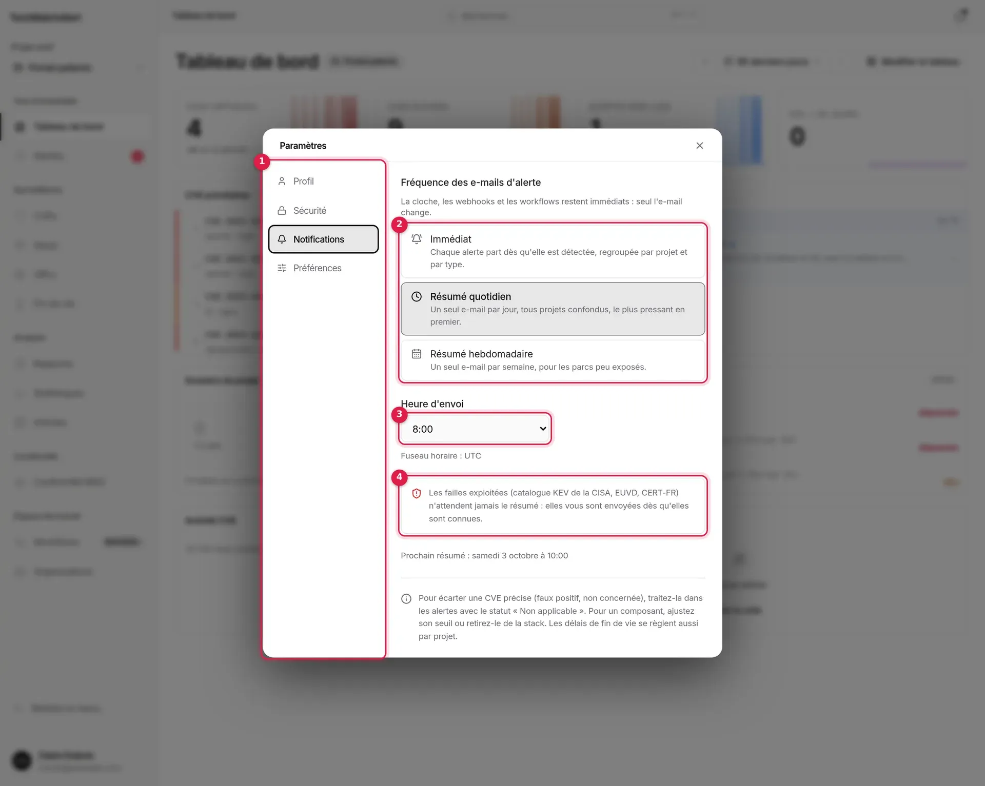 Paramètres, onglet Notifications : fréquence des e-mails d’alerte