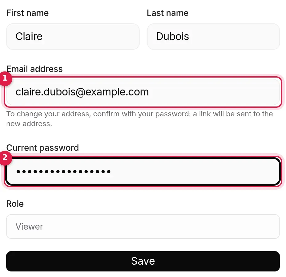 Address change in progress: new address entered, Current password field