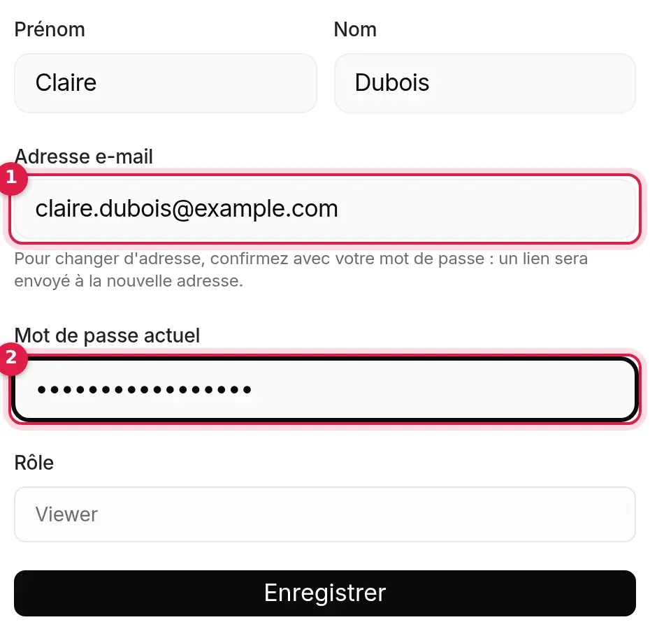 Changement d’adresse en cours : nouvelle adresse saisie, champ Mot de passe actuel