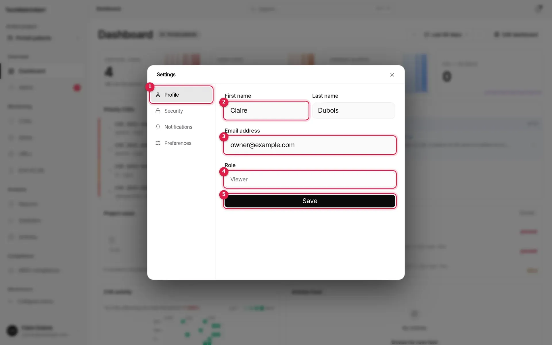 Settings window, Profile tab: first name, last name, email address, role, Save button
