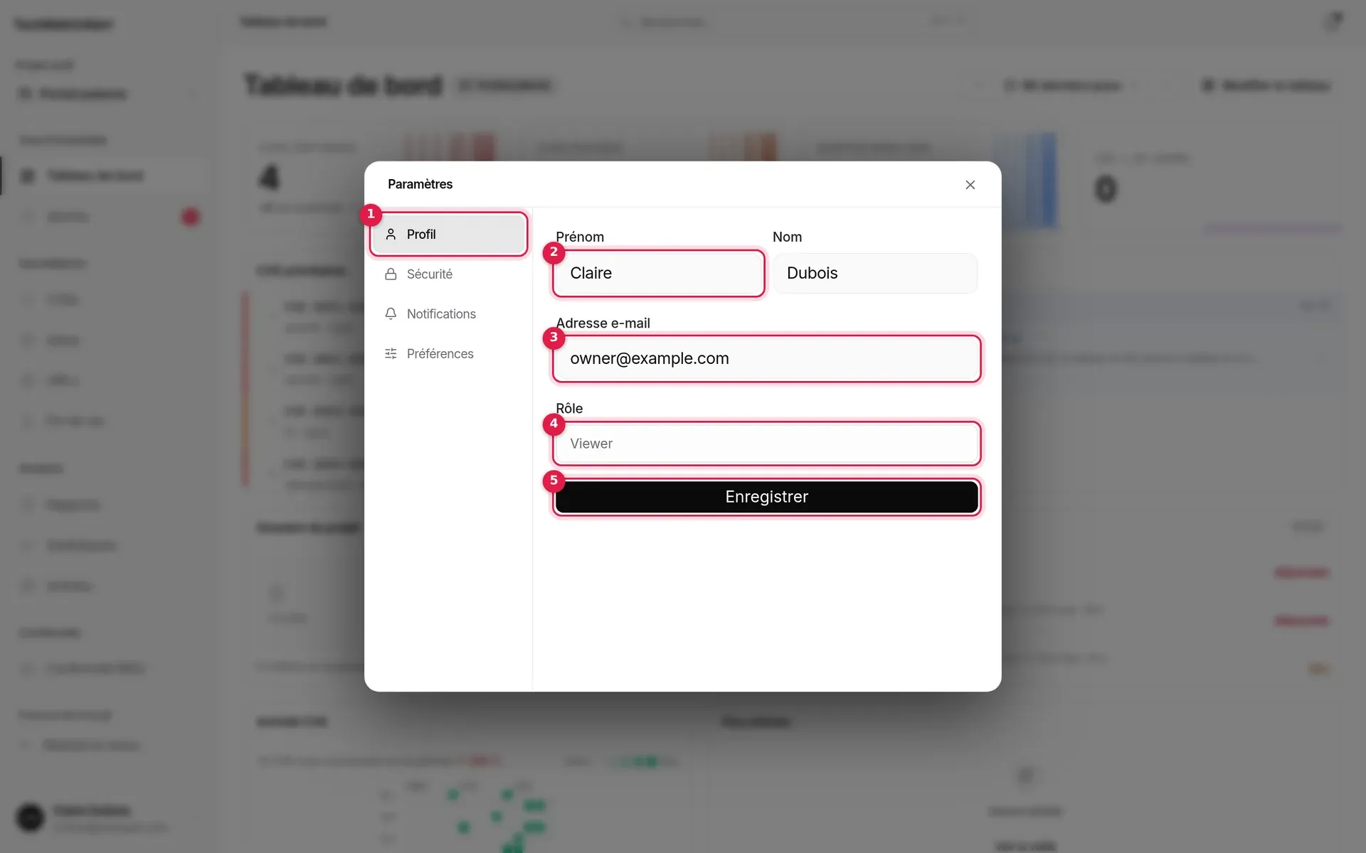 Fenêtre Paramètres, onglet Profil : prénom, nom, adresse e-mail, rôle, bouton Enregistrer