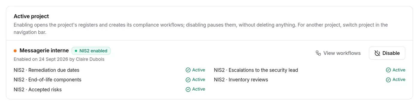 Messagerie interne: NIS2 enabled on 24 Sept 2026 by Claire Dubois, five active workflows