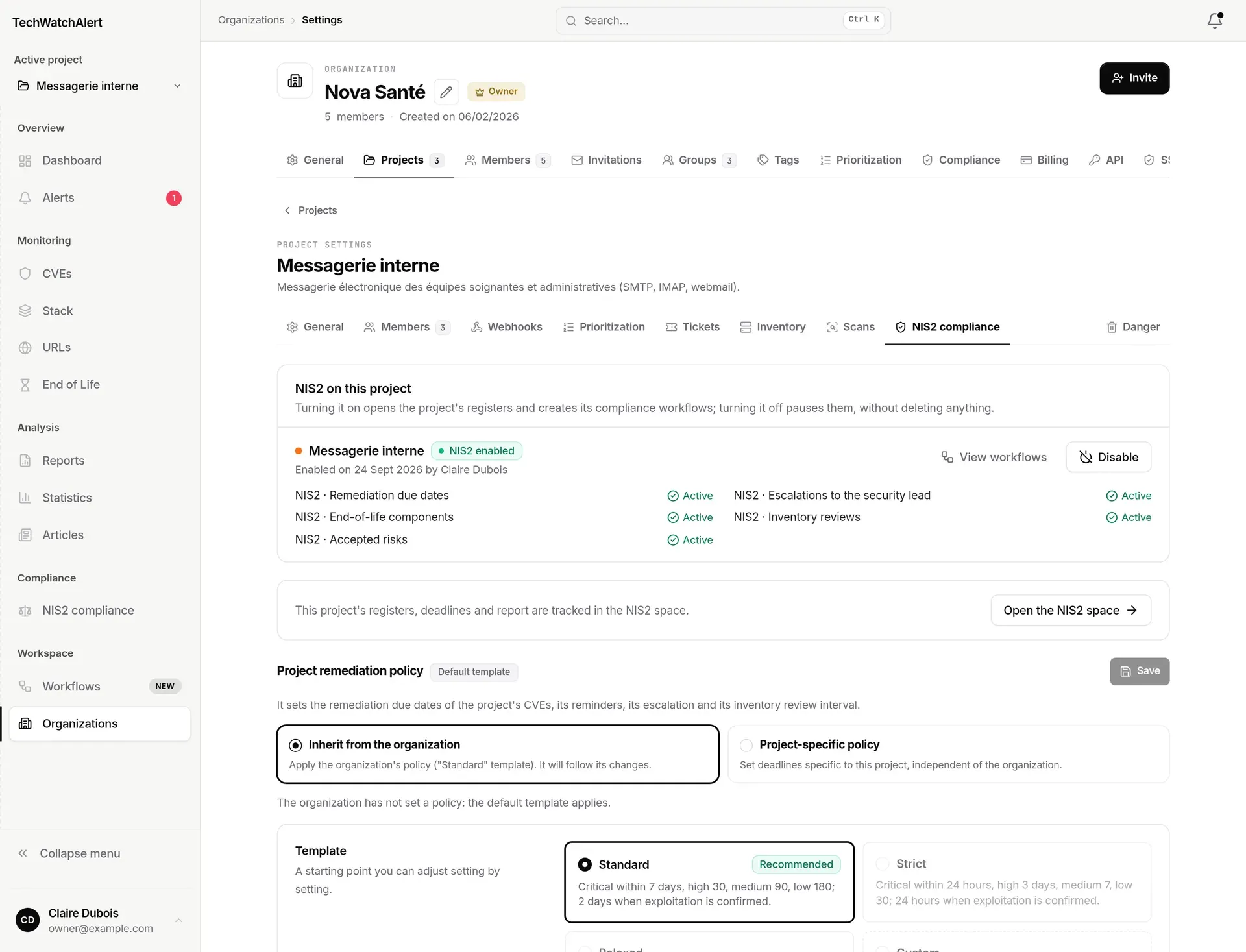 Messagerie interne settings, Frameworks tab: project enabled, link to frameworks, inherited remediation policy