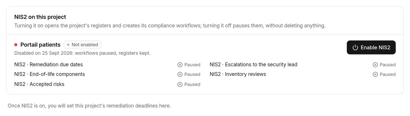 Frameworks tab of a project not enabled: “Once the project is covered, you will set its remediation deadlines here.”