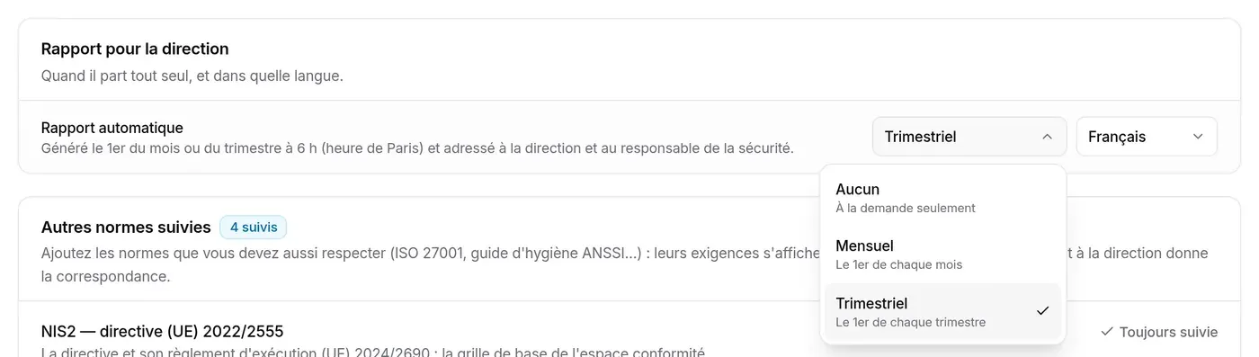 Section Rapport pour la direction : Rapport automatique, liste de périodicité ouverte