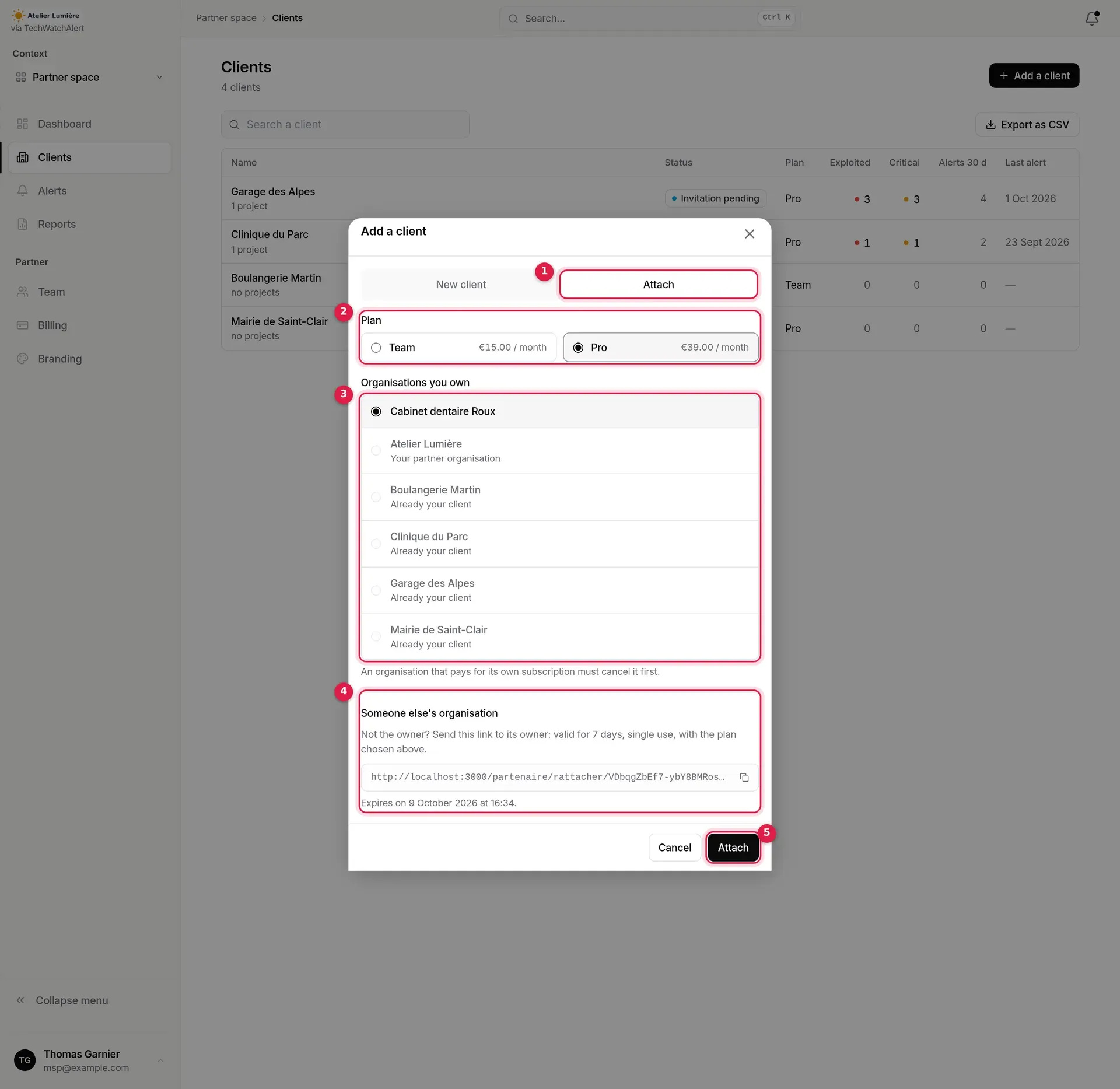 Attach tab: plan, organisations owned and attachment link, with its markers