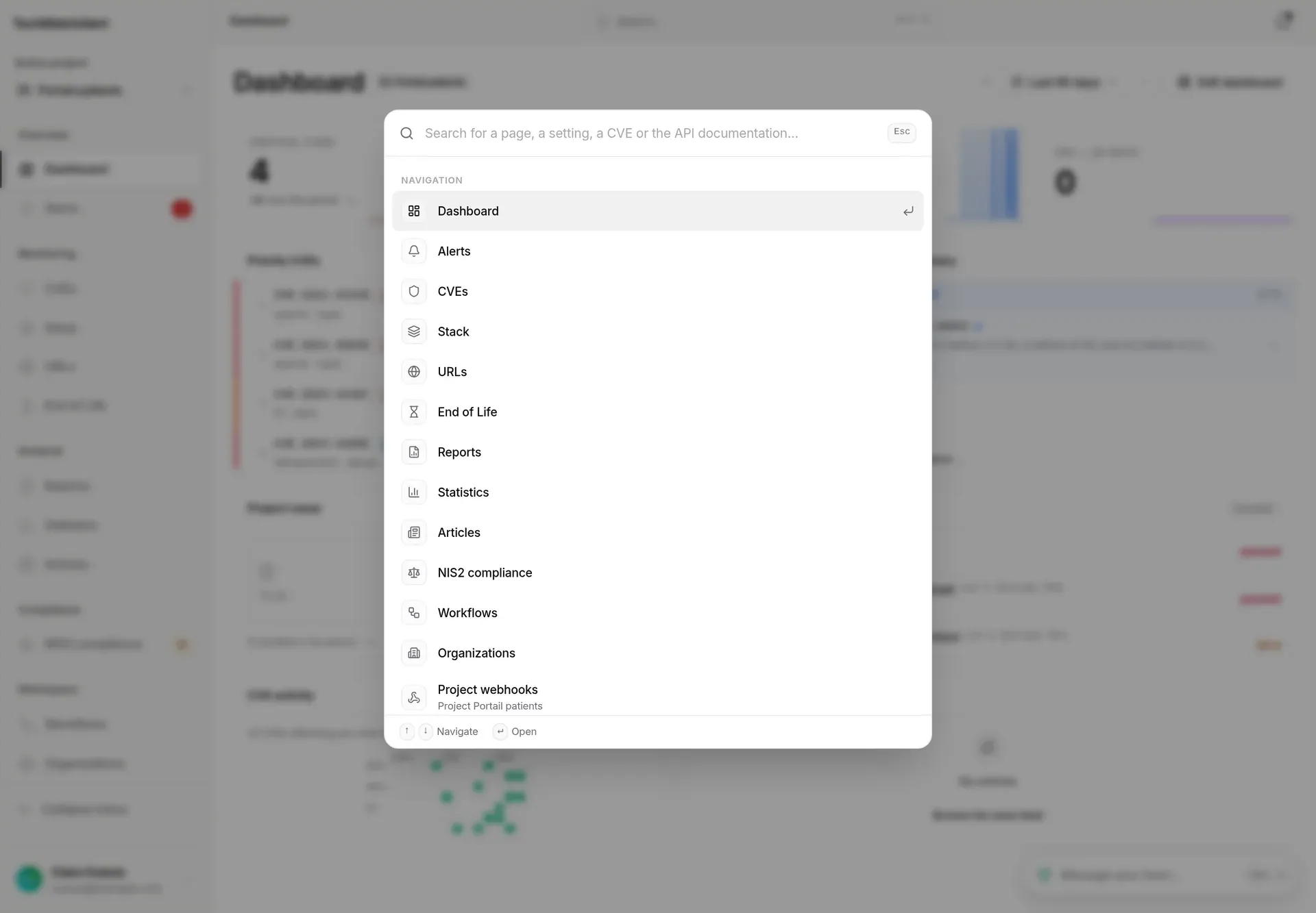 Search open with nothing typed: the pages and settings you can reach