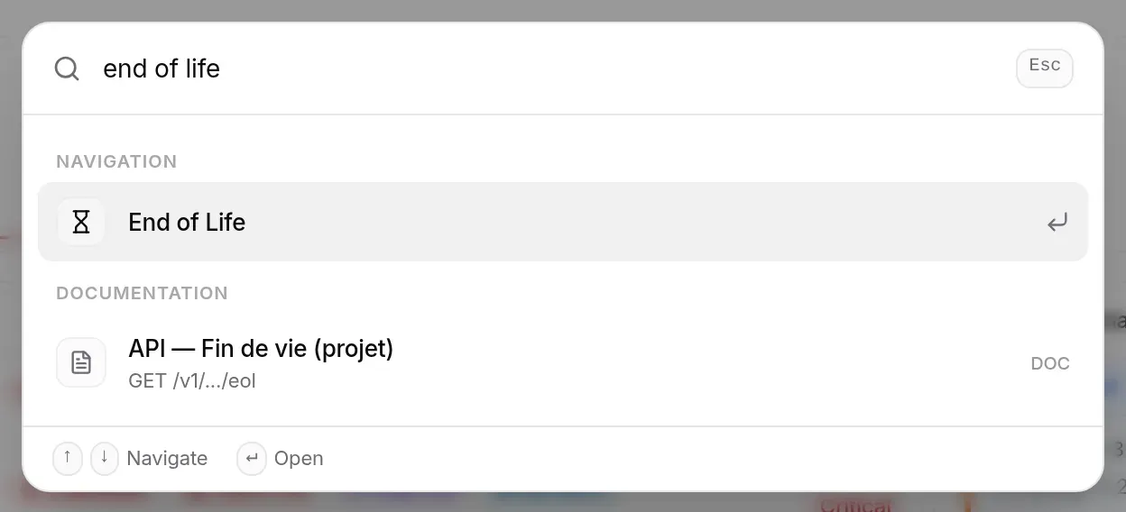 Searching for “end of life”: an application page and a documentation page