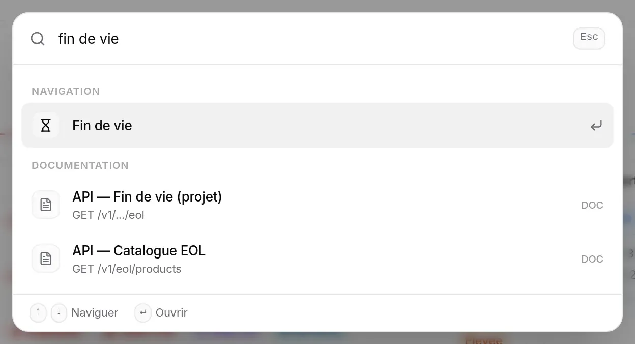 Recherche « fin de vie » : une page de l’application et deux pages de documentation
