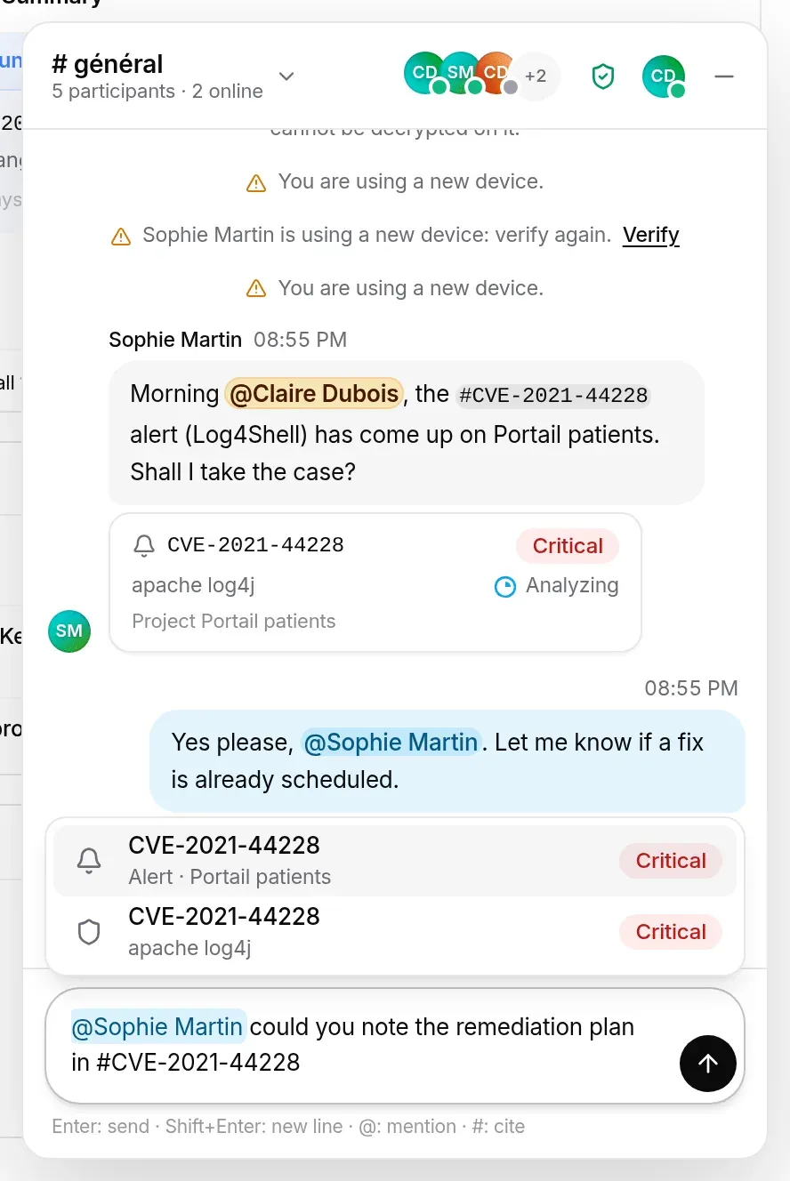 The list of alerts and CVEs, opened with “#”