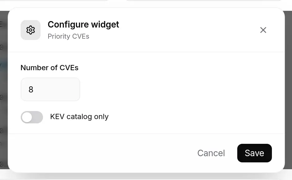 Configure widget window for Priority CVEs: Number of CVEs 8, KEV catalog only switch