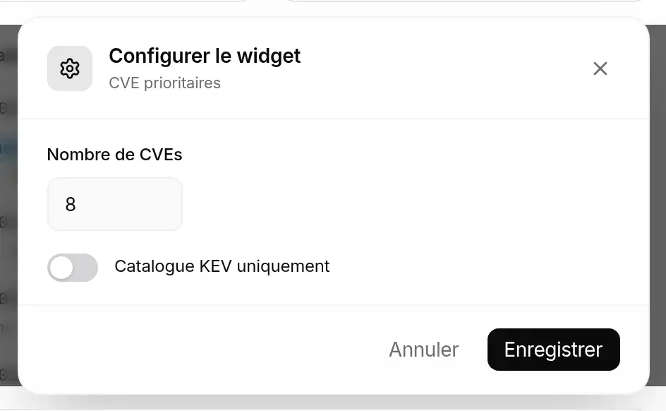 Fenêtre Configurer le widget pour CVE prioritaires : Nombre de CVEs 8, interrupteur Catalogue KEV uniquement