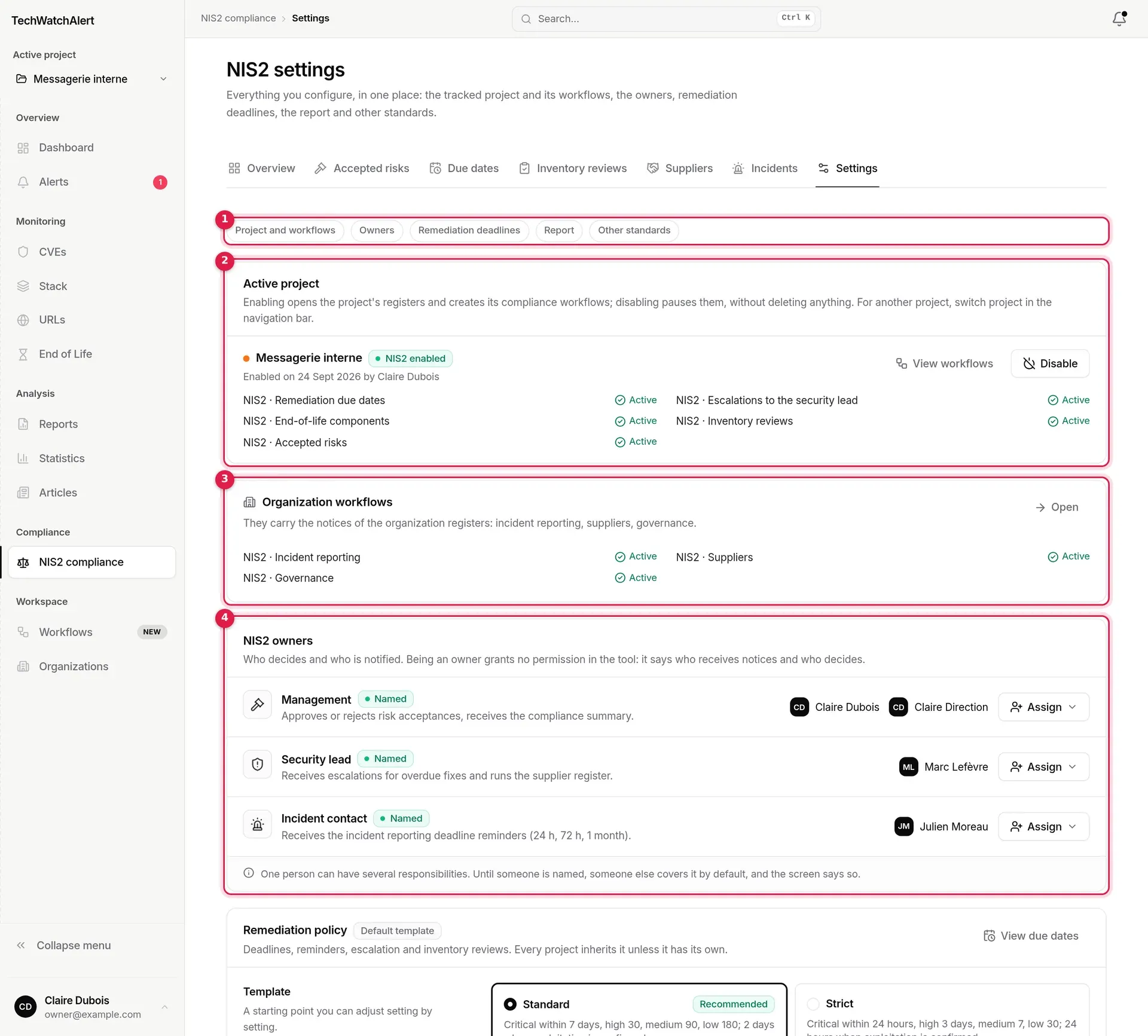 Settings tab of the NIS2 space: section links, active project, organisation workflows, owners