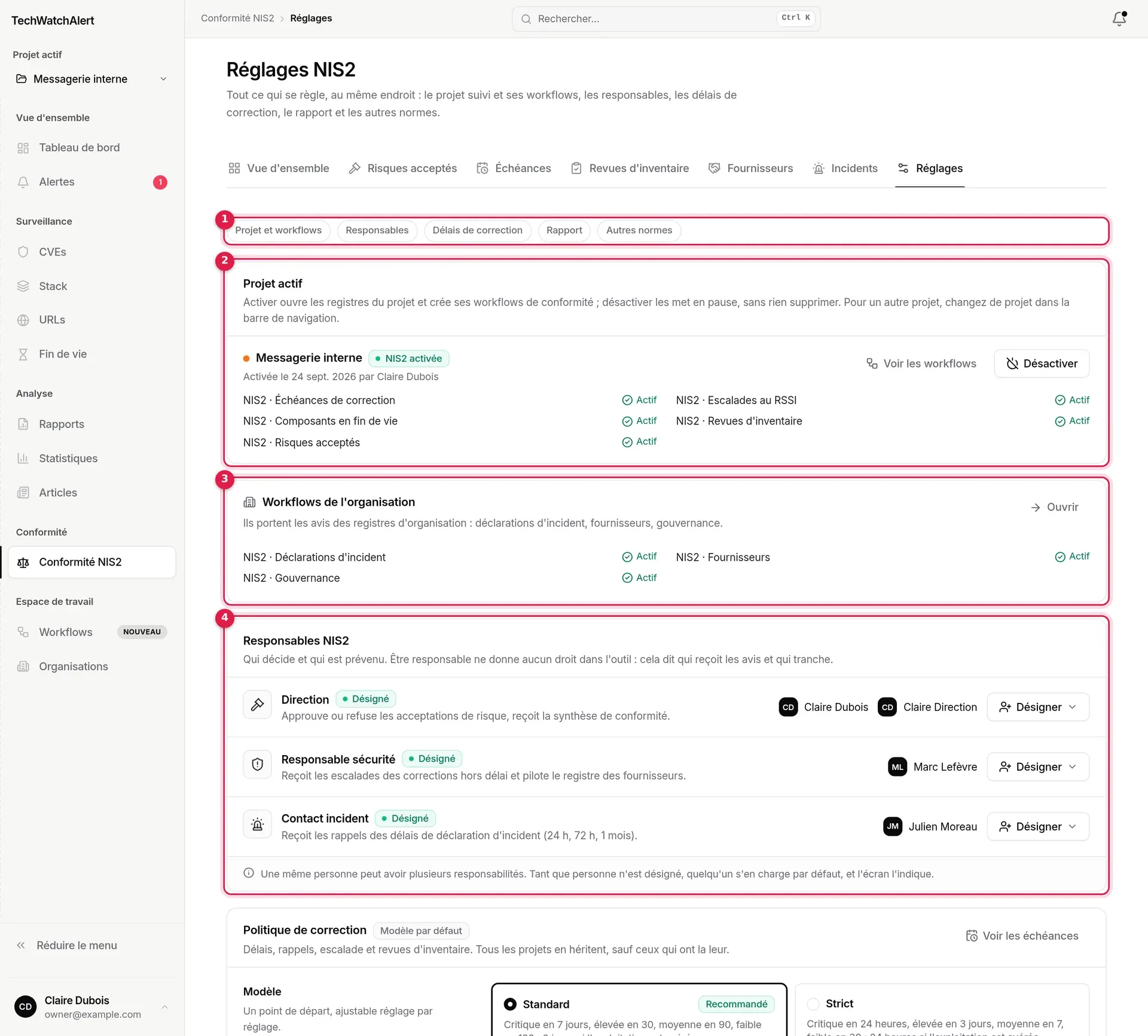 Onglet Réglages de l’espace NIS2 : sommaire, projet actif, workflows de l’organisation, responsables