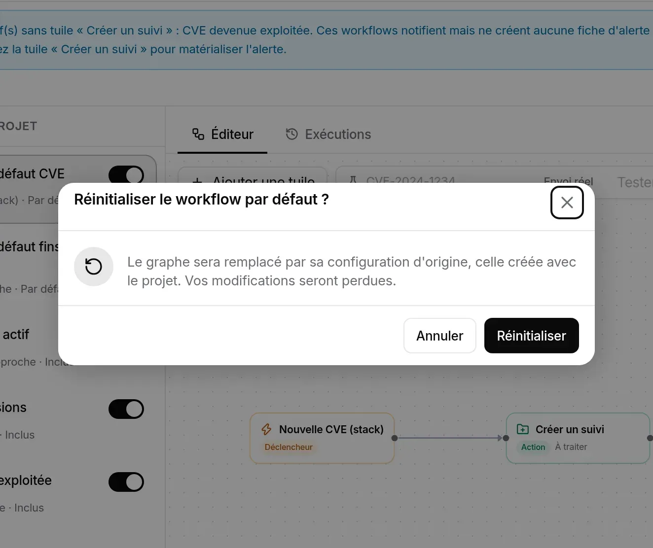 Fenêtre de confirmation de la réinitialisation du workflow par défaut