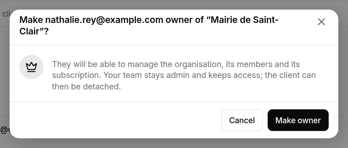 Confirmation: make nathalie.rey@example.com owner of Mairie de Saint-Clair
