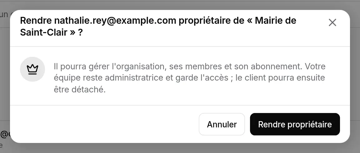 Confirmation : rendre nathalie.rey@example.com propriétaire de Mairie de Saint-Clair
