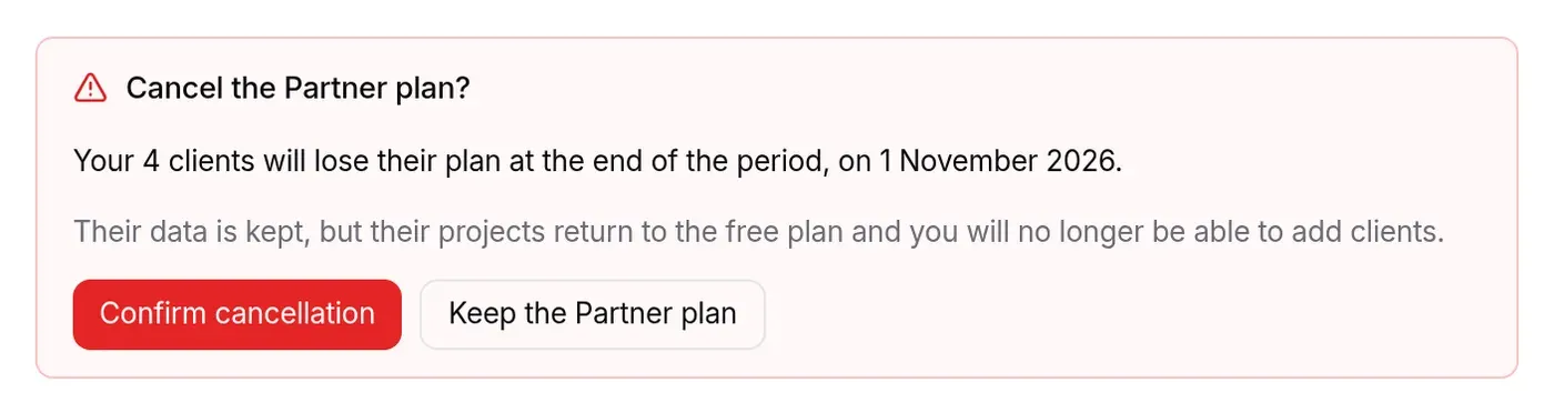 Confirmation of cancelling the Partner plan
