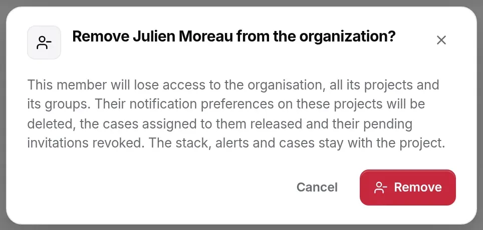 Window “Remove Julien Moreau from the organization?”: what the member loses, Cancel and Remove buttons