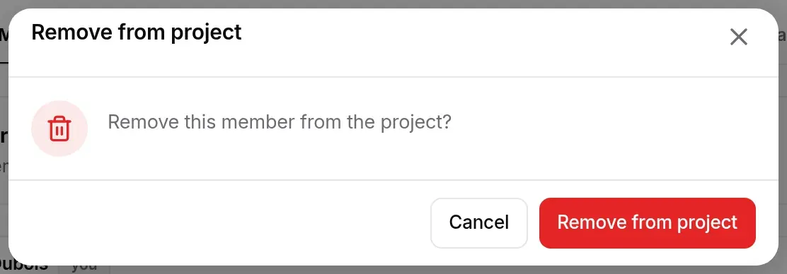 Confirmation “Remove this member from the project?” with Cancel and Remove from project buttons
