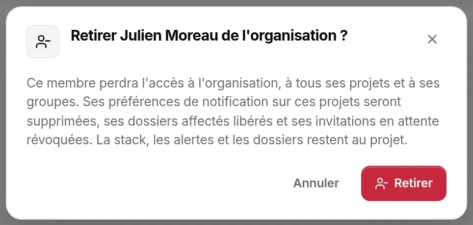 Fenêtre « Retirer Julien Moreau de l’organisation ? » : ce que le membre perd, boutons Annuler et Retirer