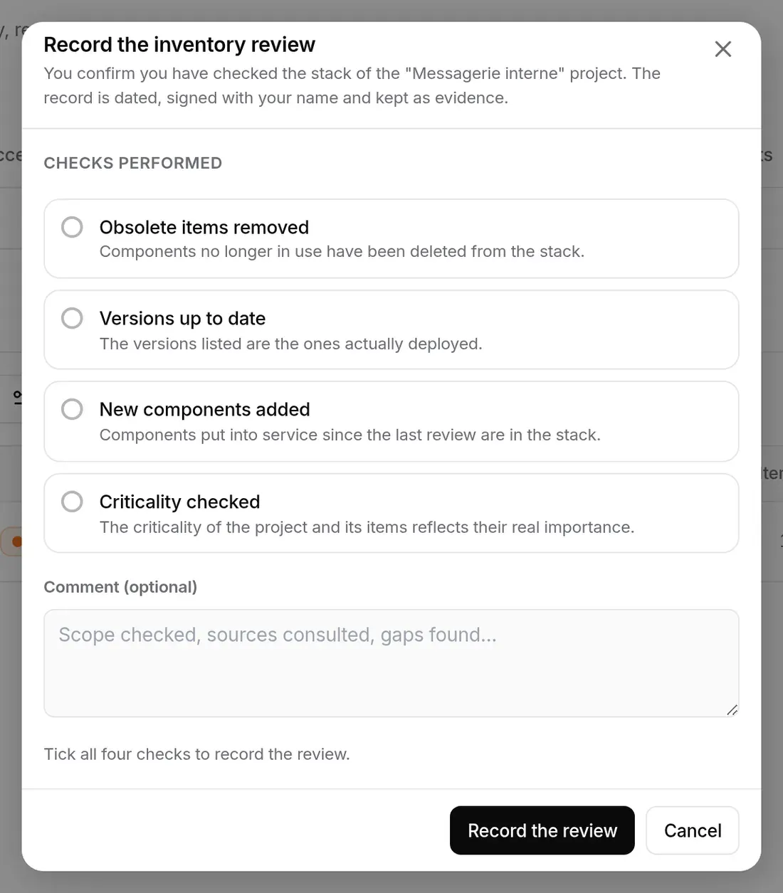 “Record the inventory review” window: four checks to tick and a comment