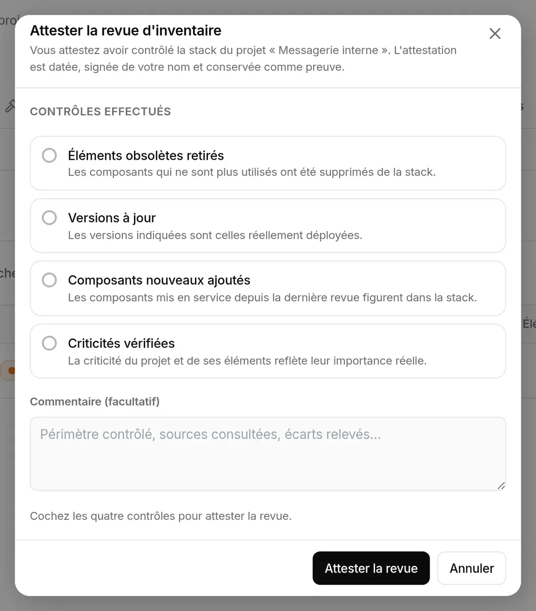 Fenêtre « Attester la revue d’inventaire » : quatre contrôles à cocher et un commentaire