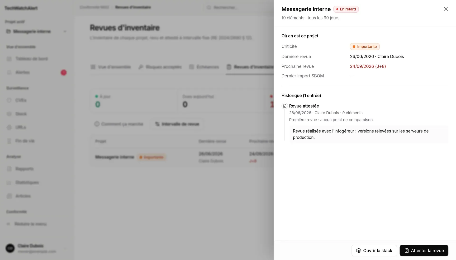 Panneau Messagerie interne : criticité, dernière et prochaine revue, historique