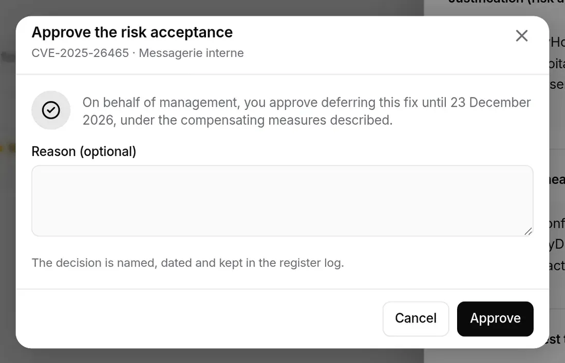 “Approve the risk acceptance” window: optional reason, named and dated decision