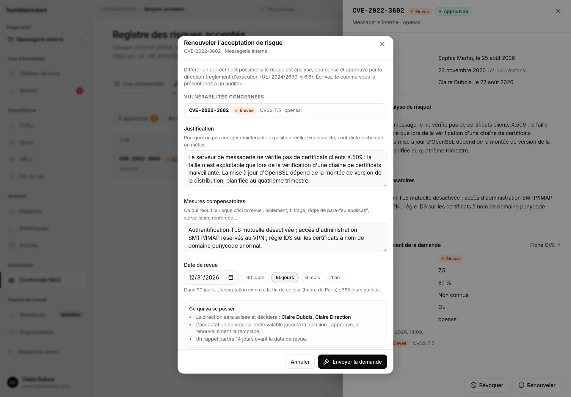 Fenêtre « Renouveler l’acceptation de risque » : CVE concernée, justification, mesures compensatoires, date de revue, ce qui va se passer