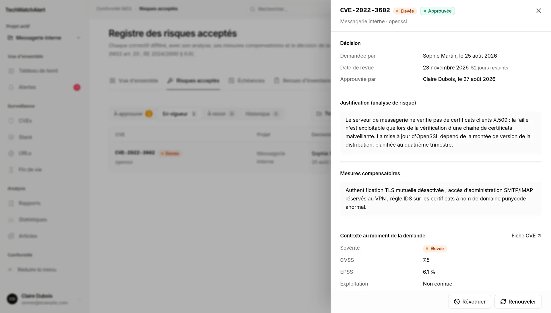 Détail d’une acceptation en vigueur, avec Révoquer et Renouveler