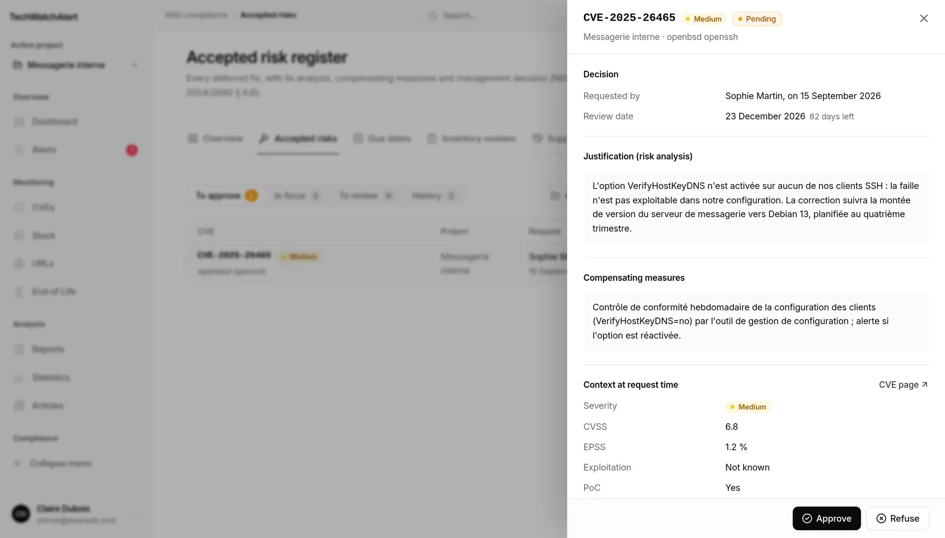 Details of a pending request, with Approve and Refuse