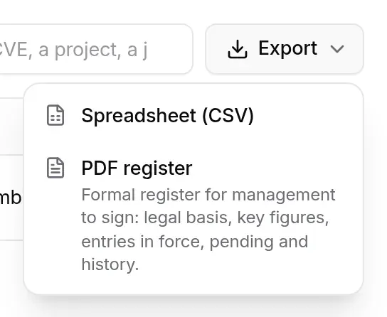 Export menu: Spreadsheet (CSV) and PDF register