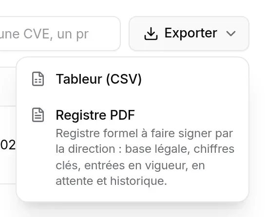 Menu Exporter : Tableur (CSV) et Registre PDF
